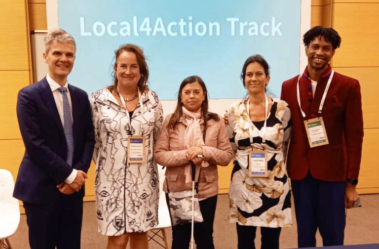 Left to right: Pieter Jeroense- VNG International, Mayor Ellen van Selm from Purmerend, Maria Soledad Cisternas- UN Special Envoy for Disability, Cecile Meijs- The Hague Academy, and Federico Batista- UCLG. UCLG Congress, Daejeon. Oct/2022.