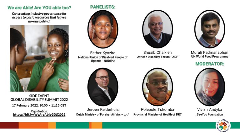 A graphic on the Global Disability Summit Side Event titled We are Able! Are YOU able too? with pictures of the six panelists from various organisations. There is also an image of two school girls communicating using sign language.